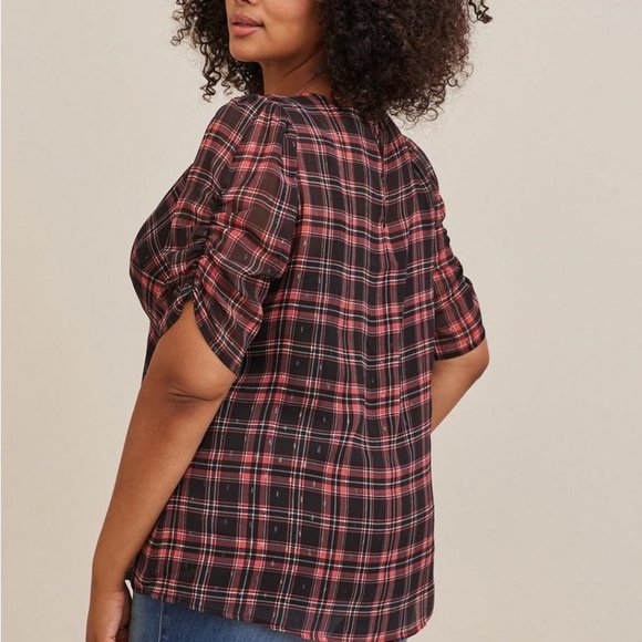 Torrid - Chiffon Lurex Ruched Sleeve Blouse in Plaid Red & Black - Picture 13 of 14
